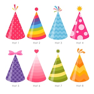 Puede incluir: Ocho sombreros de fiesta diferentes en varios colores y patrones. Los sombreros est&aacute;n dispuestos en dos filas de cuatro. Los sombreros son todos de forma c&oacute;nica y tienen un punto en la parte superior. Los sombreros est&aacute;n decorados con diferentes patrones, incluyendo lunares, rayas, corazones y zigzags.