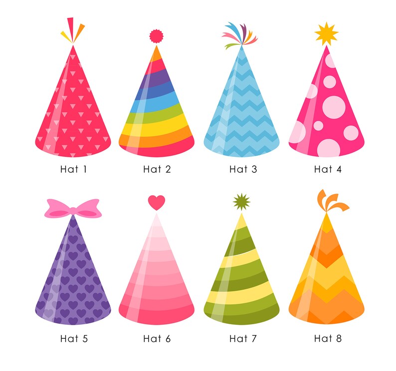 Puede incluir: Ocho sombreros de fiesta diferentes en varios colores y patrones. Los sombreros est&aacute;n dispuestos en dos filas de cuatro. Los sombreros son todos de forma c&oacute;nica y tienen un punto en la parte superior. Los sombreros est&aacute;n decorados con diferentes patrones, incluyendo lunares, rayas, corazones y zigzags.