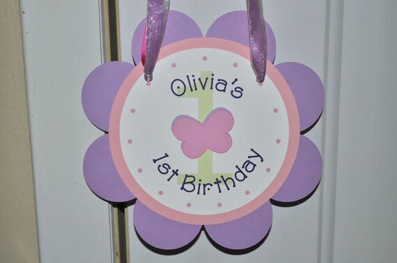 Girls 1st Birthday Door Sign, Flowers and Butterflies, Garden Party, Flower and Butterfly Birthday Decorations, Pink and Purple Party Sign Il_570xn