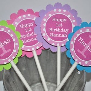 Cupcake Toppers 1st Birthday, Girls Birthday Decorations, Cupcake Picks, Pink, Lime Green, Blue, Purple and White Polkadots Set of 12 image 2