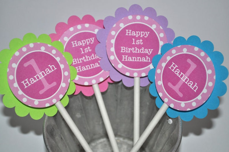 Cupcake Toppers 1st Birthday, Girls Birthday Decorations, Cupcake Picks, Pink, Lime Green, Blue, Purple and White Polkadots Set of 12 image 2