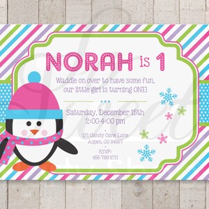 Girls Penguin 1st Birthday Invitations - Girl Penguin Birthday Party Invitations - Winter Onederland Birthday Party Decorations - Set of 10