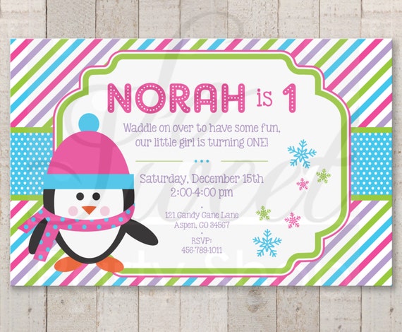 Girls Penguin 1st Birthday Invitations Girl Penguin Birthday