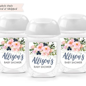 Baby Shower Sanitizer Favor Labels Blush Pink Navy Floral Hand Sanitizer Label Girl Baby Shower Boy Baby Shower Set of 30 Labels image 1