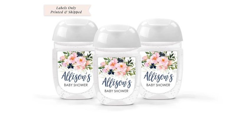 Baby Shower Sanitizer Favor Labels Blush Pink Navy Floral Hand Sanitizer Label Girl Baby Shower Boy Baby Shower Set of 30 Labels image 1