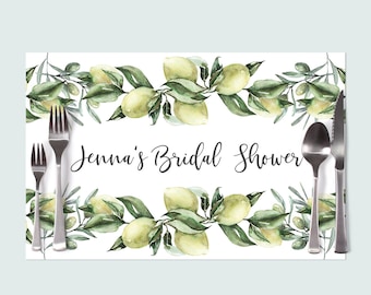 Paper Placemats Lemon Bridal Shower Decorations Tableware Citrus Olive Branch Disposable Personalized Placemats - Printed & Shipped Set of 6