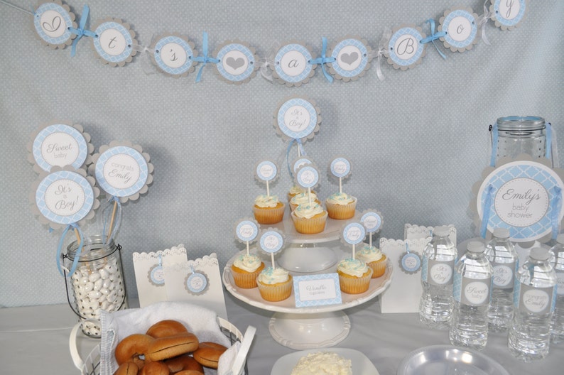 Boys Baby Shower Cupcake Toppers Blue and Gray Boy Baby Shower Decorations Baby Shower Decorations Set of 12 image 3