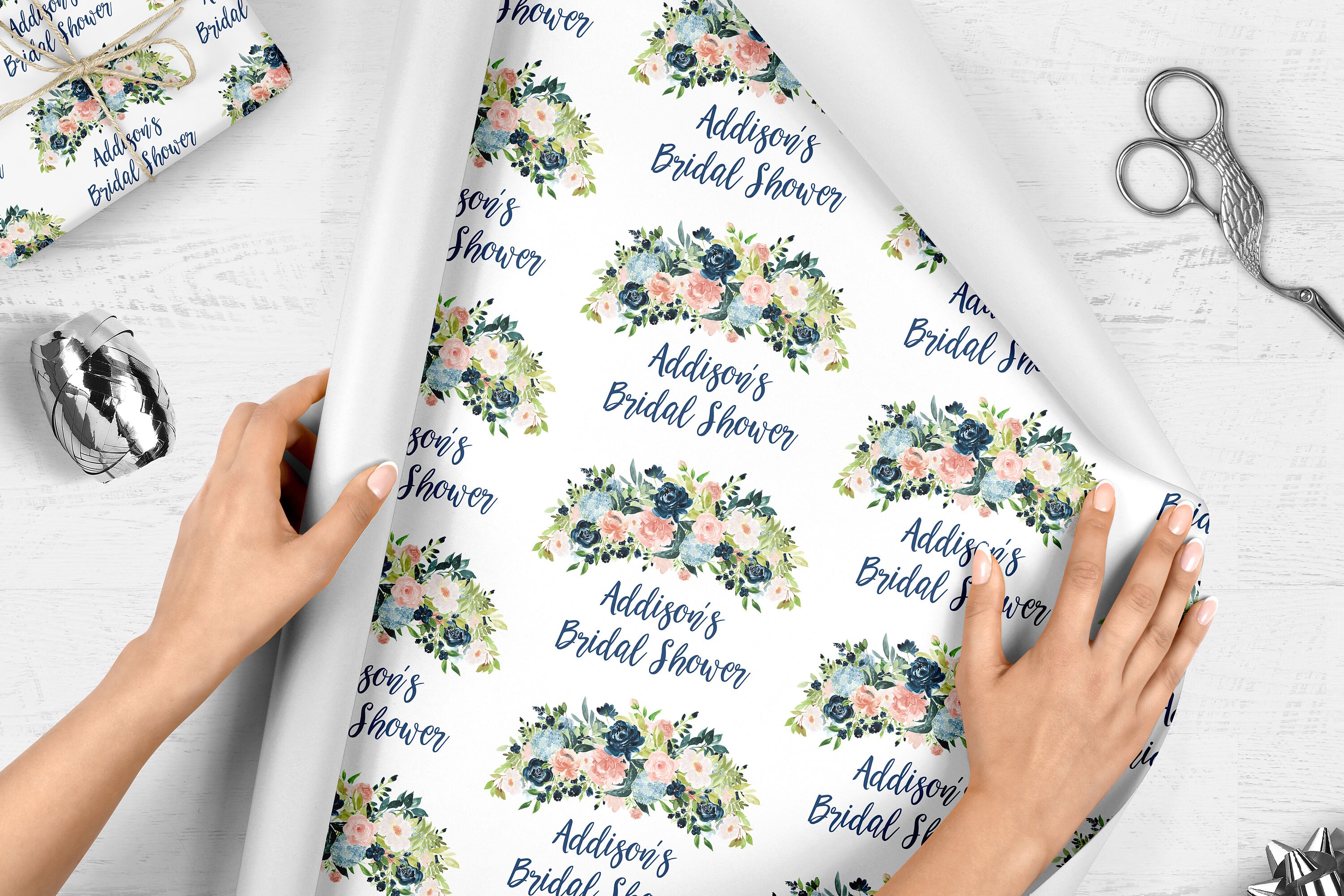Bridal Shower Wrapping Paper Navy Blue Pink Floral - Etsy