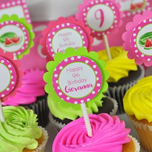 Watermelon Cupcake Toppers, Watermelon Birthday Party, Personalized Birthday Decorations Set of 12 image 1