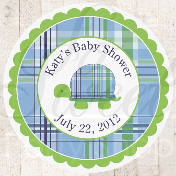 Turtle Baby Shower Stickers - Preppy Plaid - Boys Birthday Party or Baby Shower Decorations - Personalized Stickers - Set of 24 Il_570xn