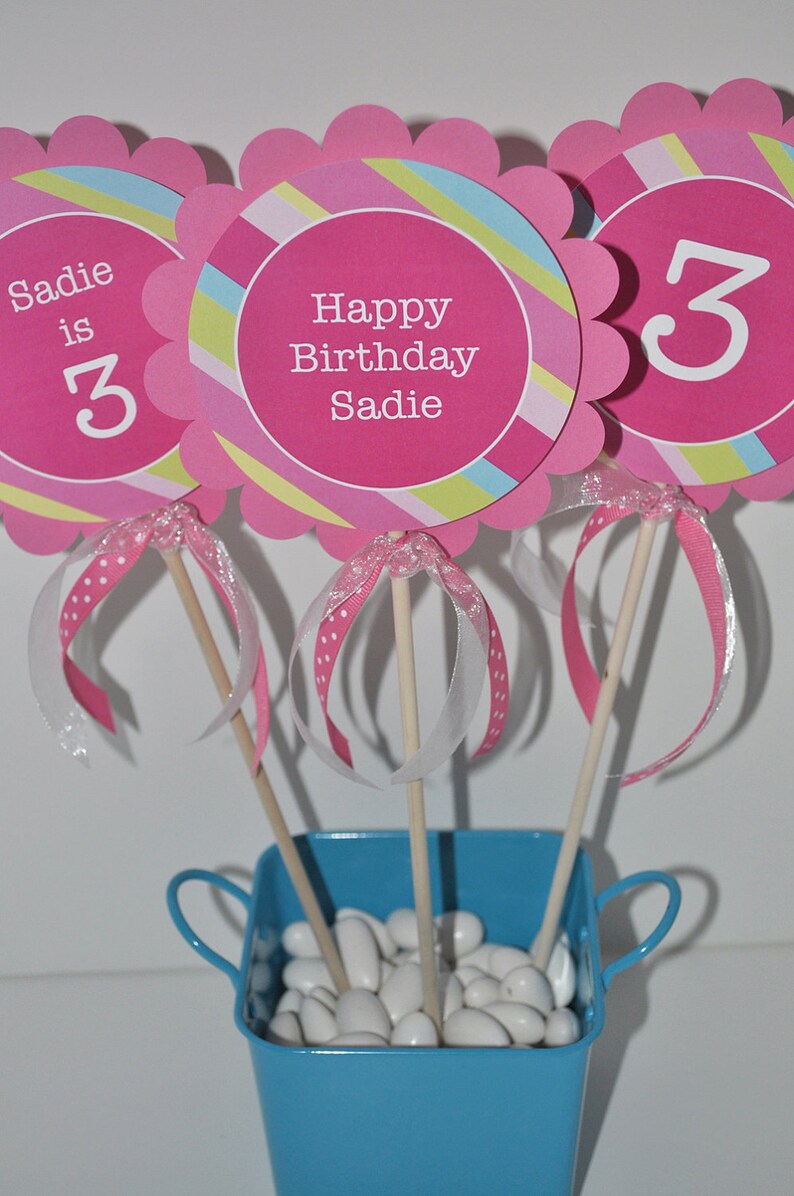 Pink 3 Centerpiece Sticks Green and Yellow Stripe Blue