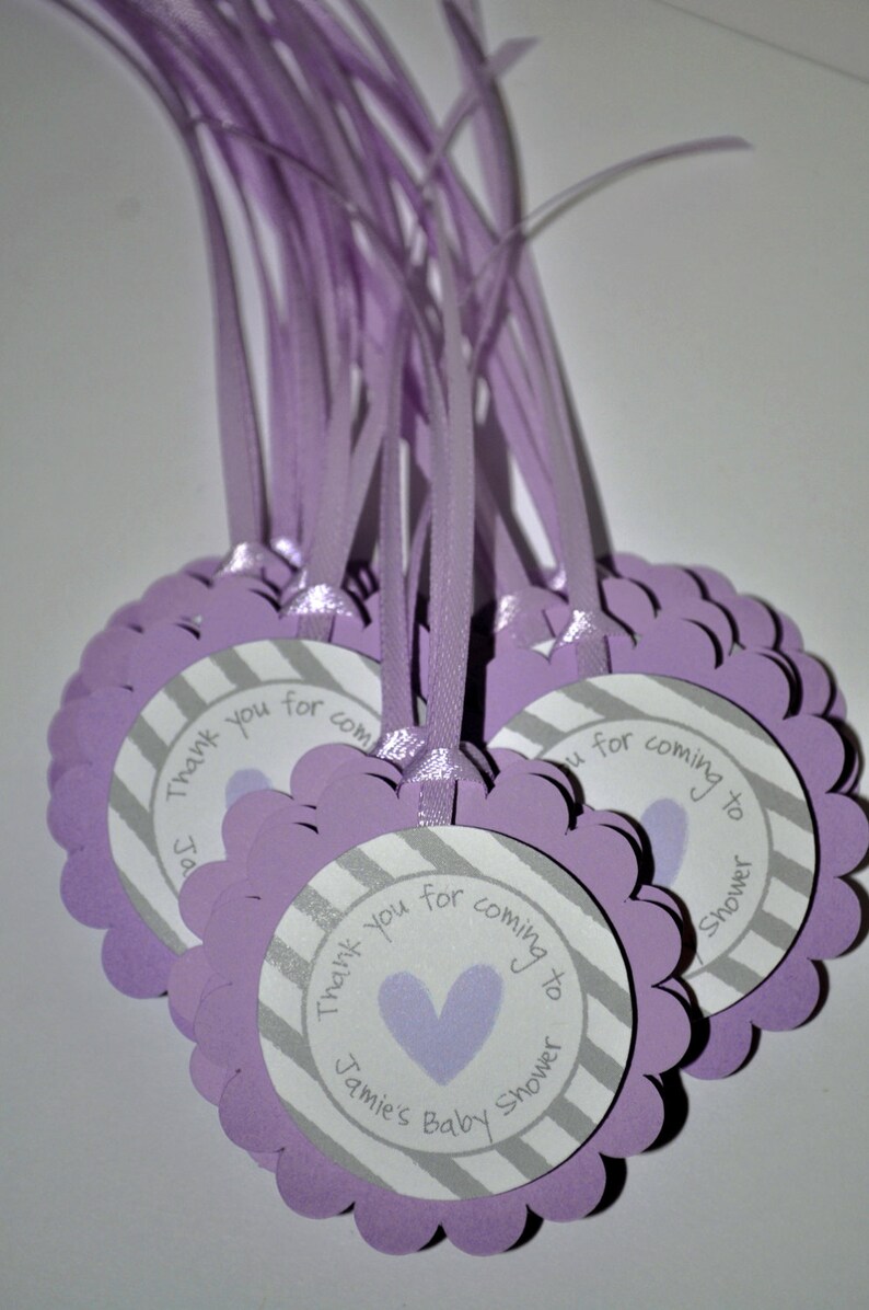 Girls Baby Shower Favor Tags, Thank You Tags, Baby Shower Favors, Nail Polish Favor Tags, Heart and Stripe Purple and Gray Set of 12 image 3