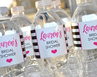 Bridal Shower Water Bottle Labels, Bachelorette Party, Wedding, Engagement Party, Bachelorette Party, Hot Pink & Black Stripe - Set of 10