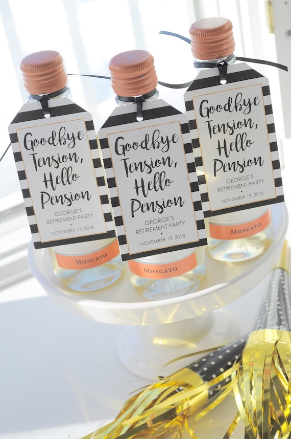 Retirement Party Favor Tags for Mini Wine Bottles, Mini Champagne Tag, Retired Personalized Favors Goodbye Tension Hello Pension - Set of 12 Il_570xn