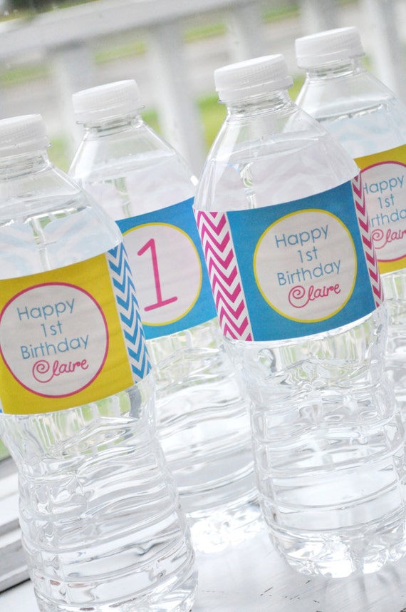 1st Birthday Water Bottle Labels, Girls Birthday Party Decorations, Drink Labels, Chevron with Polkadots - Teal, Pink, Yellow - Set of 10 Il_570xn
