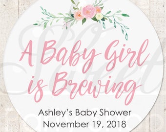 Baby Shower Favors, Stickers, A Baby Girl Is Brewing, Favor Tag Labels, Goodie Bag Stickers, Treat Bag Stickers, Baby Shower - Set of 24