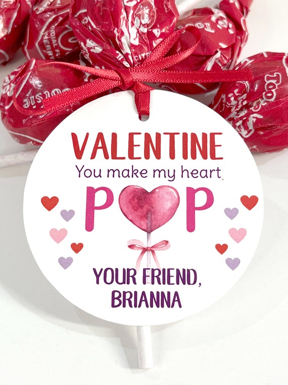 Kids Valentine Tags Lollipop You Make My Heart Pop, Kids School Valentines Day Cards, Classroom Valentines Personalized Tag - Set of 12 Tags Il_570xn