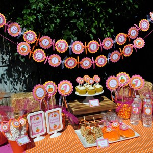 May include: A pink and orange pumpkin-themed birthday party table setting with a banner that reads "Happy Birthday Claudia". The table is decorated with cupcakes, candy, and a pumpkin centerpiece.
