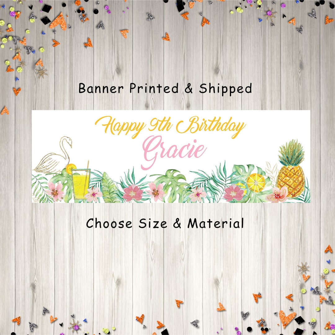 Tropical Birthday Banner, Flamingo Pineapple Pool Party Birthday Banner ...