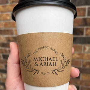 Custom Wedding Coffee Cup Sleeves or Cups with Lids | Personalized Wedding Coffee Bar Cups | Bridal Shower & Engagement Party Coffee Sleeves Design D