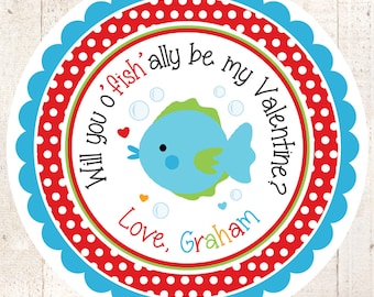 OFishally Be Mine Fish Valentines Day Stickers, Kids Valentines, Goodie Bag Stickers, Treat Bag Stickers, Classroom Valentines - Set of 24