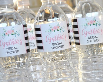 Bridal Shower Water Bottle Labels, Bachelorette Party, Wedding Labels, Engagement Party, Bachelorette Party, Black Stripe Floral - Set of 10