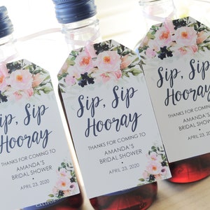 Bridal Shower Favors Tags for Mini Wine Bottles, Wedding Favors, Mini Champagne Tags, Sip Sip Hooray Favor Tags Pink Navy Floral - Set of 12