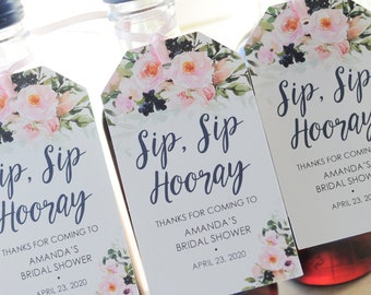 Bridal Shower Favors Tags for Mini Wine Bottles, Wedding Favors, Mini Champagne Tags, Sip Sip Hooray Favor Tags Pink Navy Floral - Set of 12