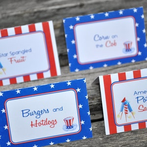 4th of July Food Label Buffet Cards, Place Cards, Fourth of July Party Decorations, Red White and Blue - Set of 12 Personalized Cards
