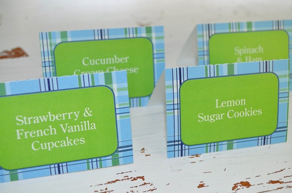 Boys Birthday Party, Baby Shower Decorations, Food Label Buffet Cards, Candy Labels, Place cards, Preppy Plaid, Blue, Green, - Set of 12 Il_570xn