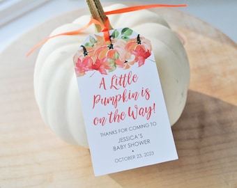 A Little Pumpkin Is On The Way Baby Shower Favor Tags Orange Pumpkin Baby Shower Tags Fall Baby Shower Thank You Favor Tags - Set of 12