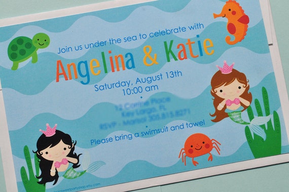 Mermaid Birthday Invitations, Under The Sea Birthday Party, Pool Party Invitations, Summer Birthday, Mermaids, Sea Creatures - Set of 10 Il_570xn