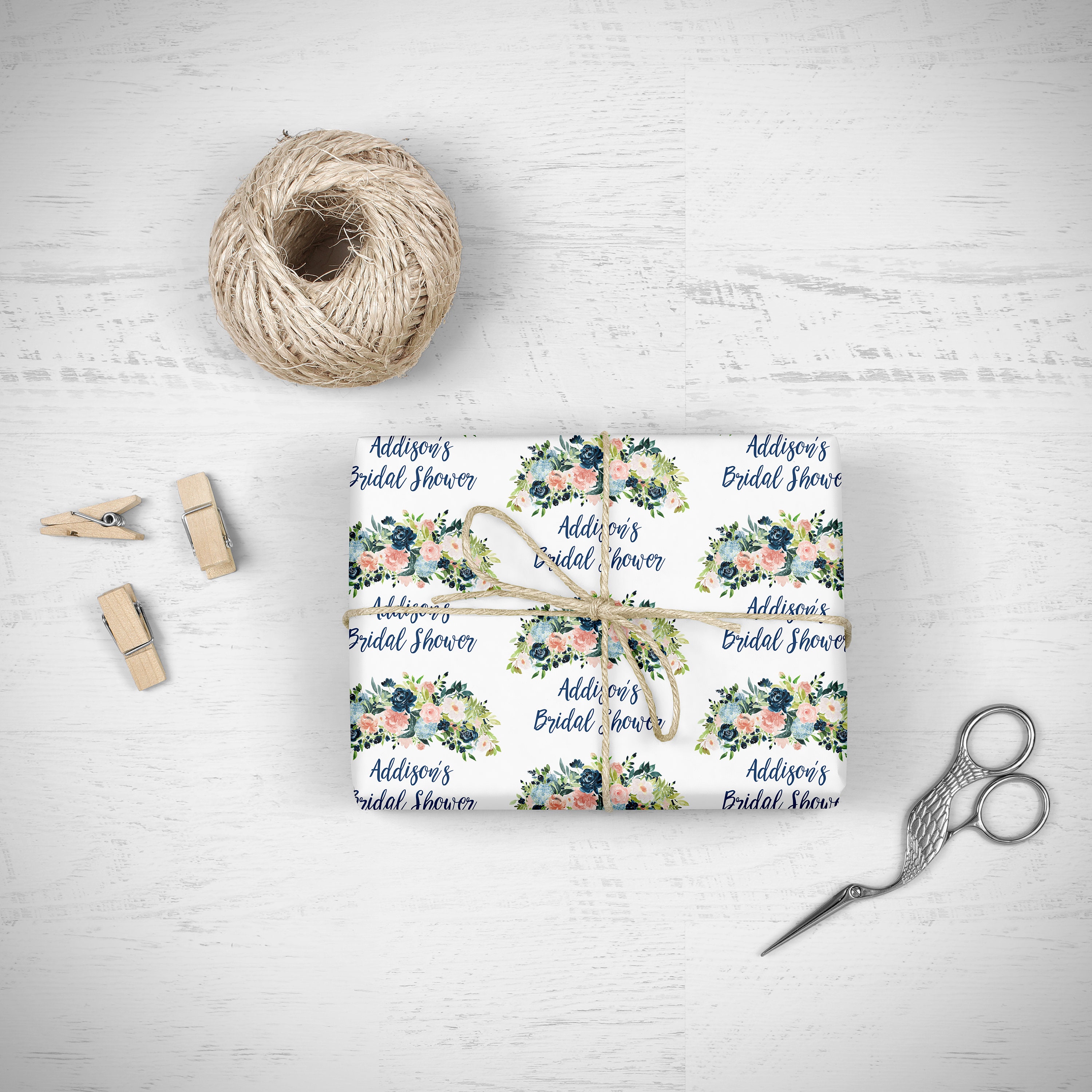 Bridal Shower Wrapping Paper Navy Blue Pink Floral - Etsy