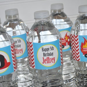 Fire Truck Birthday Party Water Bottle Labels, Firefighter Birthday Party, Fire Engine Birthday Water Bottle Wraps - Set of 10