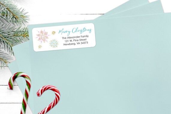 Merry Christmas Address Labels Snowflakes Pink Blue Gold Envelope Seals Happy Holidays Stickers Gift Tags Labels Christmas Seals - Set of 60