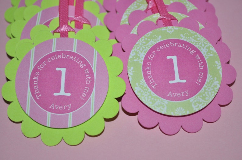 Girls 1st Birthday Decorations Girls Birthday Favor Tags Set of 12 Birthday Thank You Tags Pink and Green Party Favors
