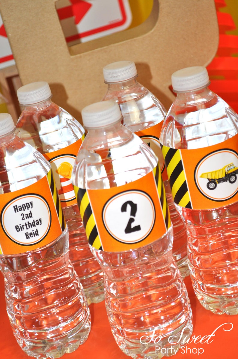 Construction Birthday Water Bottle Labels, Boys 1st Birthday, Birthday Party Decoration, Drink Bottle Wraps, Dump Truck Birthday Set of 10 image 1