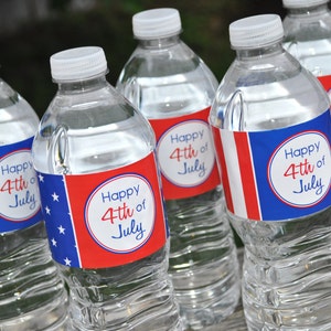 4th of July Water Bottle Labels, Water Bottle Wraps, Fourth of July Party Decorations, Red White and Blue - Set of 10 Personalized Labels