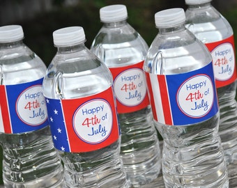 4th of July Water Bottle Labels, Water Bottle Wraps, Fourth of July Party Decorations, Red White and Blue - Set of 10 Personalized Labels