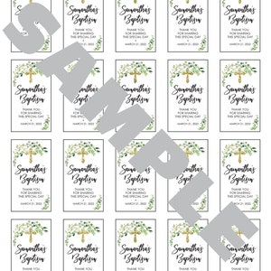 Baptism Hand Sanitizer Favor Labels 2oz Hand Sanitizer Labels Greenery Leaves Gold Cross Christening Favor Set of 20 Labels image 2