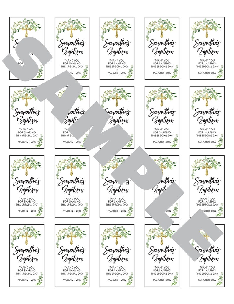 Baptism Hand Sanitizer Favor Labels 2oz Hand Sanitizer Labels Greenery Leaves Gold Cross Christening Favor Set of 20 Labels image 2