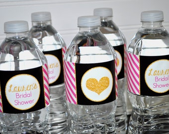 Bridal Shower Water Bottle Labels, Bachelorette Party, Wedding Water Bottle Labels, Shower Party Decorations Pink Black and Gold - Set of 10