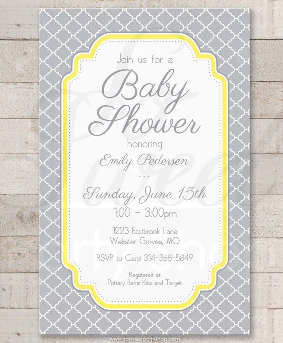 Baby Shower Invitations Gray and Yellow Boy or Girl Baby Shower