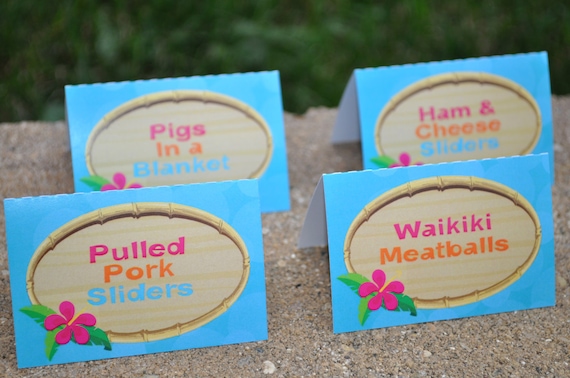 Luau Food Label Cards Buffet Labels, Hawaiian Luau Birthday Decorations, Placecards, Tiki Party - Personalized and Printed - Set of 12 Il_570xn