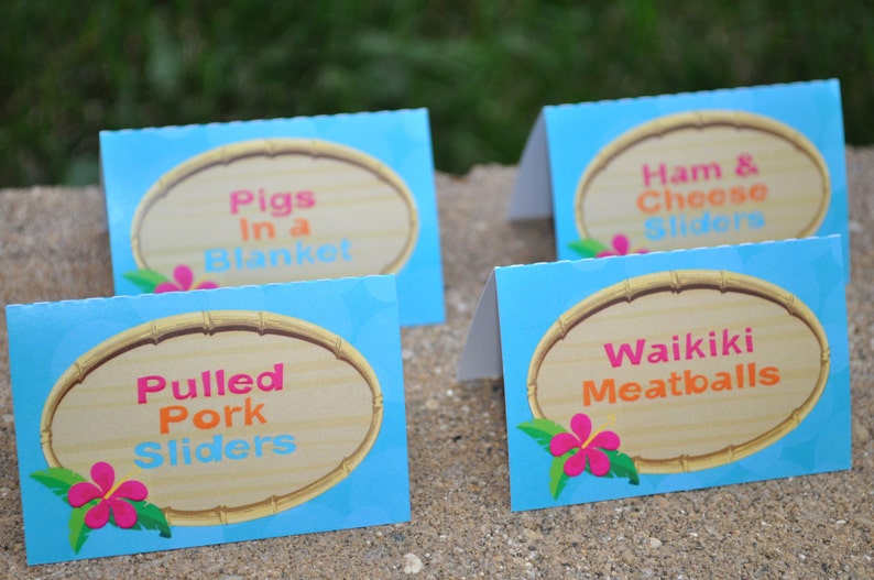 Luau Food Label Cards Buffet Labels Hawaiian Party Luau Birthday Decorations Place cards Tiki Party Personalized and Printed Set of 12 image 1