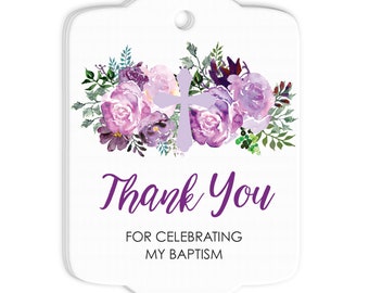 Girl Baptism Thank You Tags Purple Floral Baptism Gift Tags Favor Tags - Set of 24 Tags