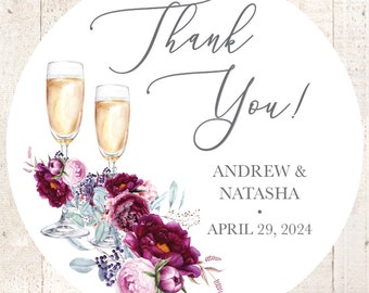 Wedding Favor Stickers Burgundy Floral Champagne Glass Wedding Thank You Stickers Personalized Favor Labels - Set of 24 Stickers