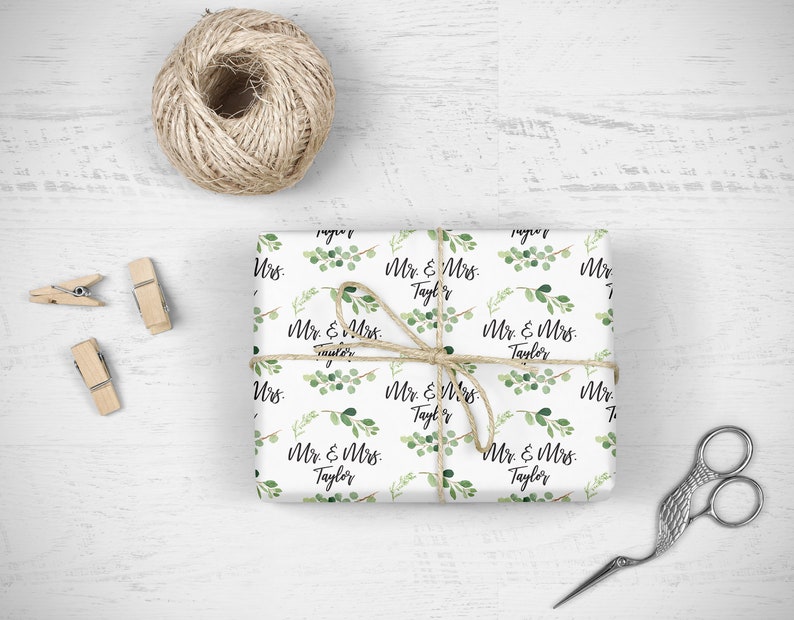 Wedding Wrapping Paper Greenery Leaf, Personalized Wedding Gift Wrap Sheets, Unique Present Wrapping Paper Bridal Shower image 1