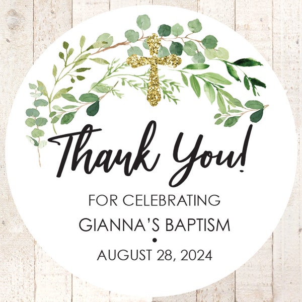 Baptism Thank You Favor Stickers Personalized Baptism Stickers First Holy Communion Greenery Leaves Gold Cross Baby Christening - Set of 24