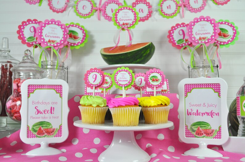 Watermelon Cupcake Toppers, Watermelon Birthday Party, Personalized Birthday Decorations Set of 12 image 3